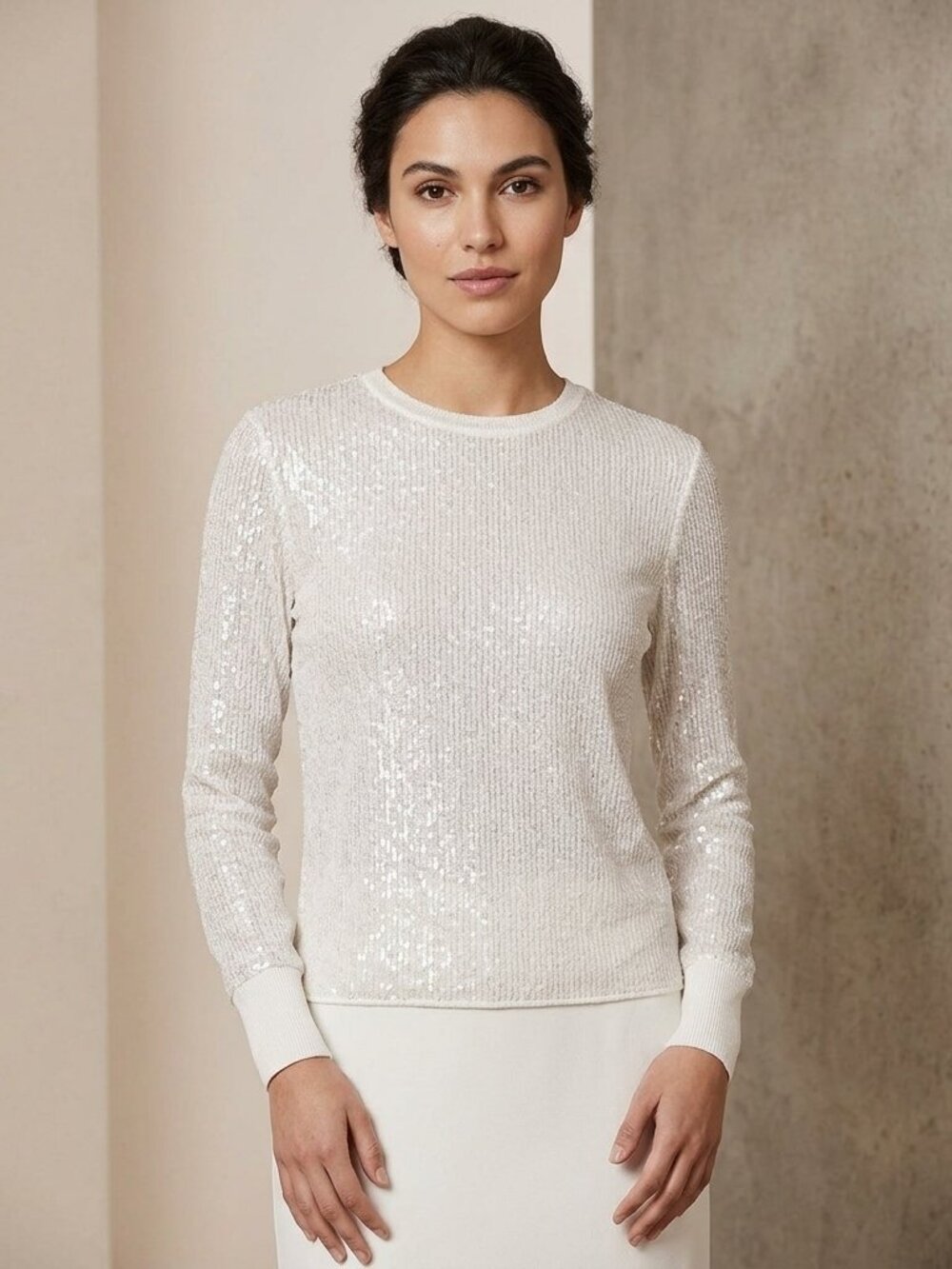 ALL SAINTS White Sequin Long Sleeve Crewneck Top XS Sparkle Holiday